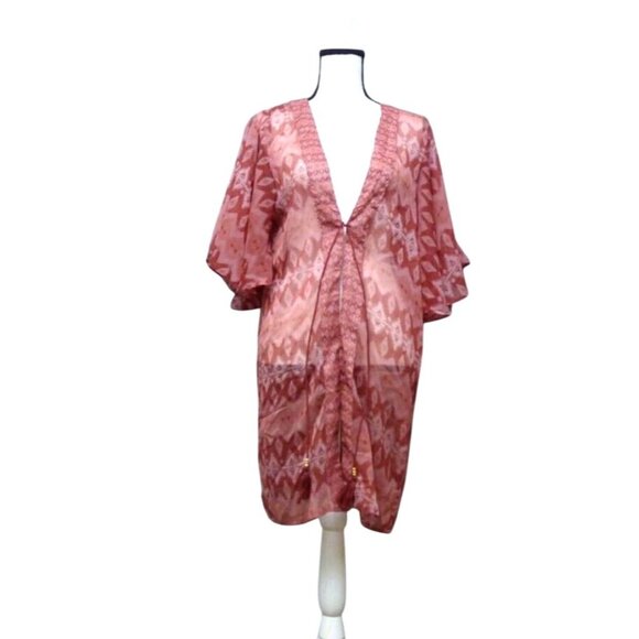 Steve Madden  Printed Short Sleeve Kimono, OS, Terracotta - Picture 2 of 8